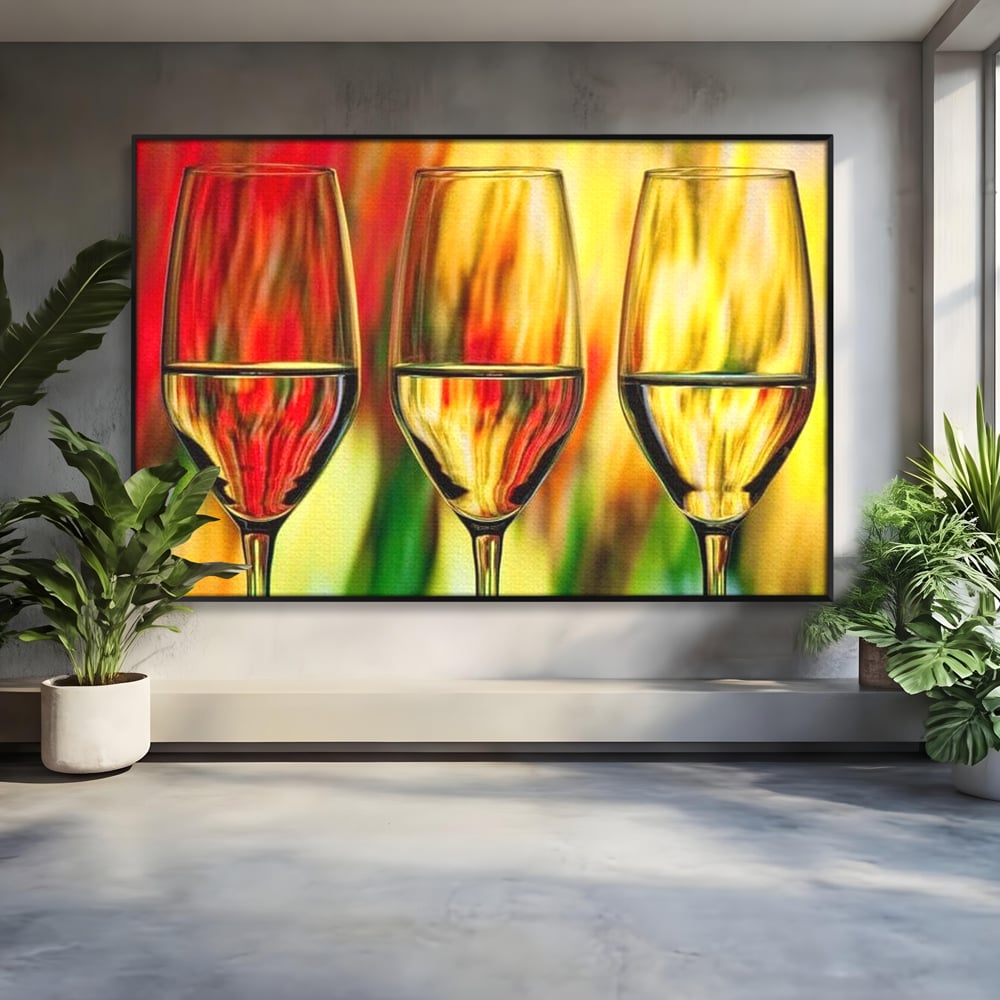 Tablou canvas cu pictura abstracta cu trei pahare de vin, in rama de aluminiu negru